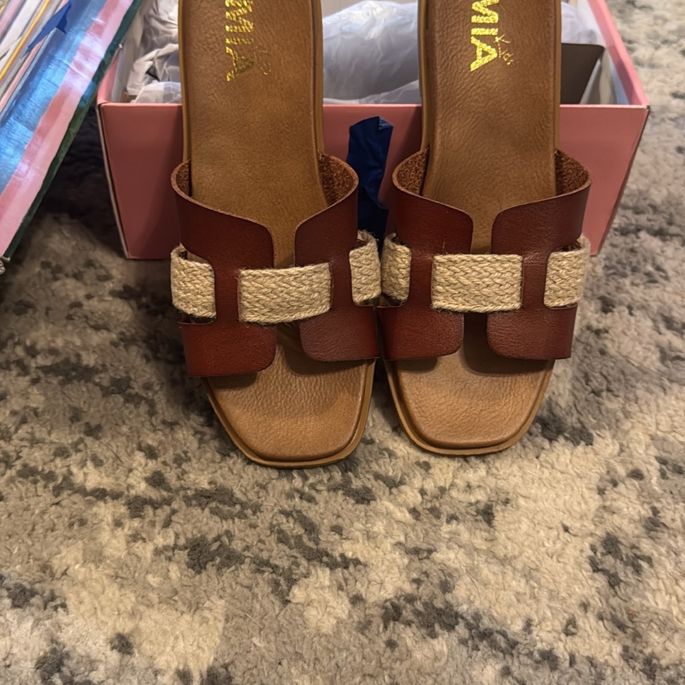 MIA Brown and Tan Leather Sandals with Cork Footbed